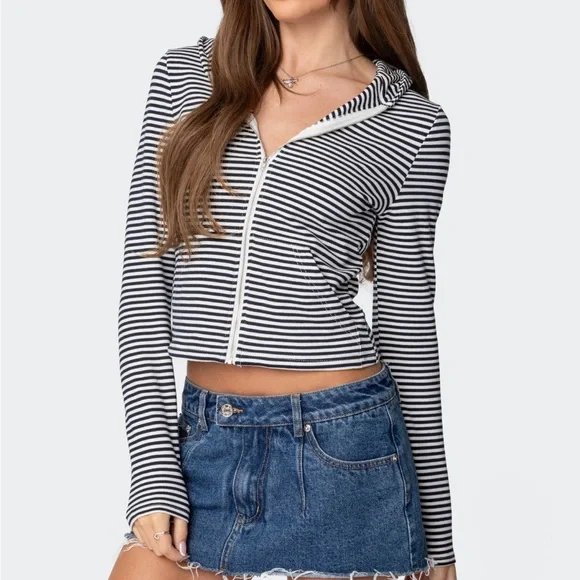 Edikted Striped Zip Up Hoodie - Picture 1 of 4
